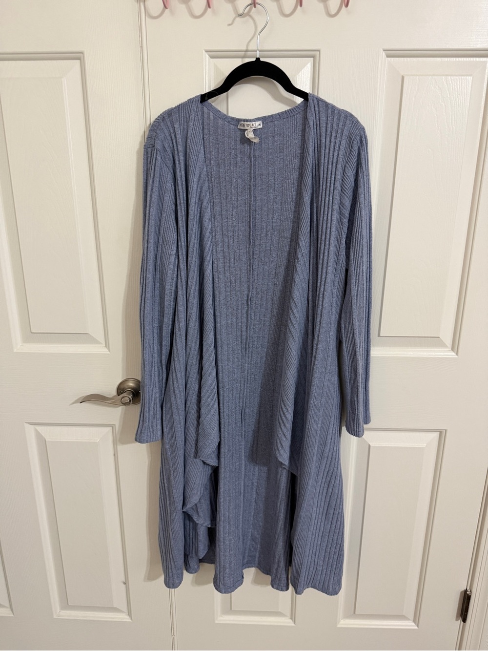 Honey & Lace XL Dusty Blue Ribbed Long Waterfall Cardigan Open Front Pockets